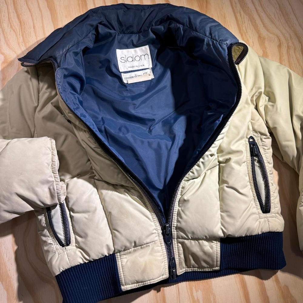 Slalom Vintage Goose Down Puffer Jacket Womens 14 Tan Navy Made in USA